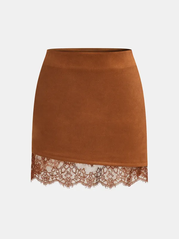 Lace Hem Suede Effect Mini Skirt sold by COMMENSE