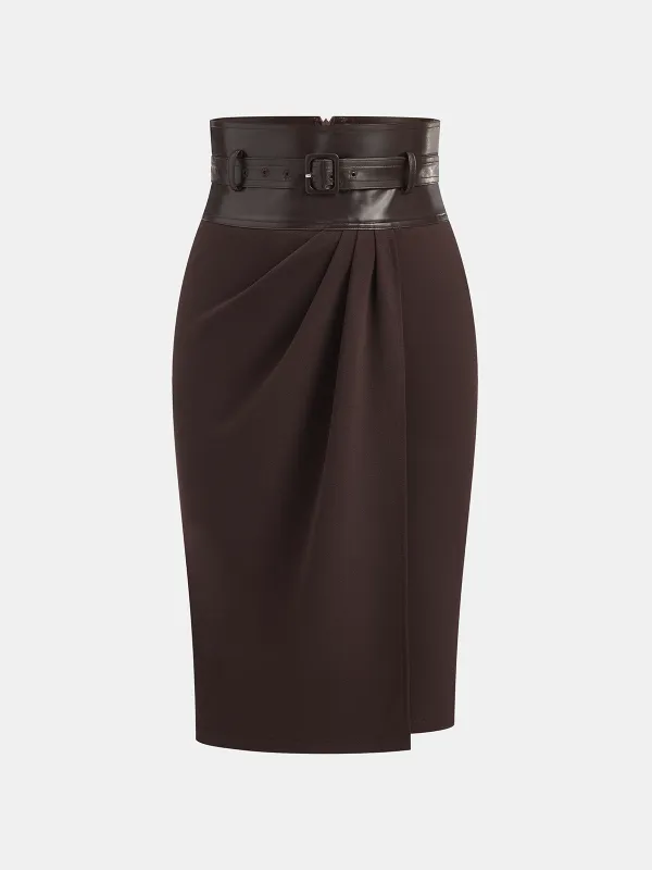Faux Leather Panel Midi Skirt with Belt sold by COMMENSE