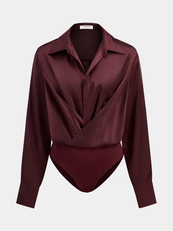 Collared Draped Satin Long Sleeve Bodysuit sold by COMMENSE