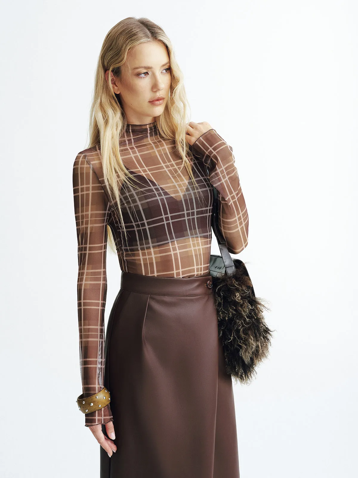 Plaid Mesh Turtleneck Blouse sold by COMMENSE product image thumbnail 4