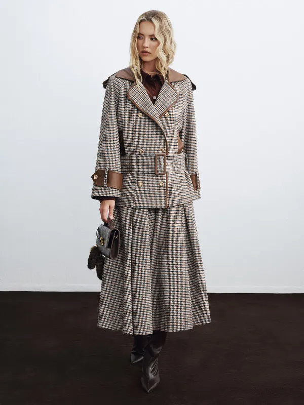 Faux Leather Trim Belted Houndstooth Coat sold by COMMENSE