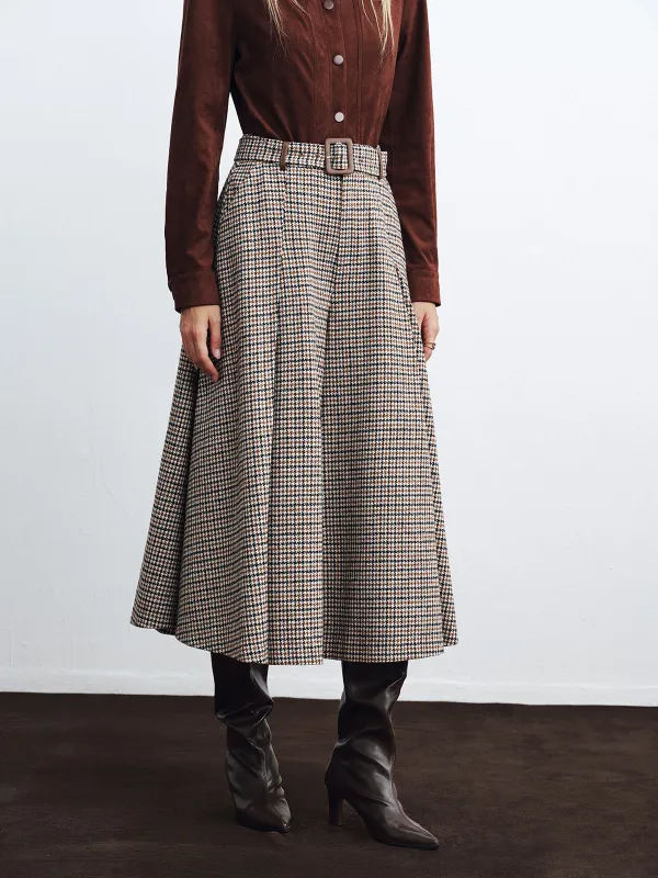 High-Waist Belted Houndstooth Wide-Leg Pants sold by COMMENSE