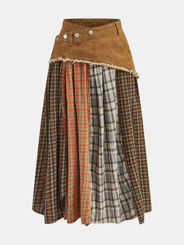 Denim Paneled Mixed Plaid Midi Skirt sold by COMMENSE