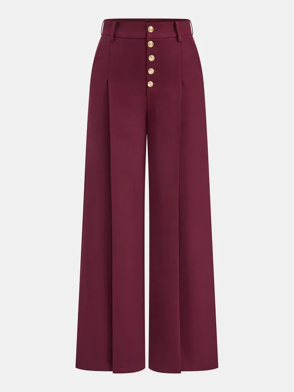 High-Waist Metal Button Pleated Wide-Leg Pants sold by COMMENSE