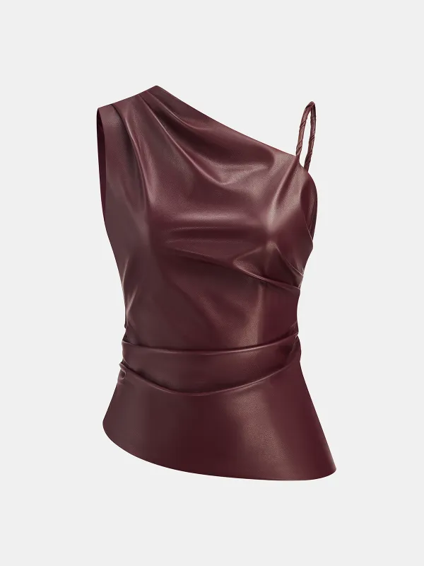 Faux Leather Asymmetric Ruched Top sold by COMMENSE