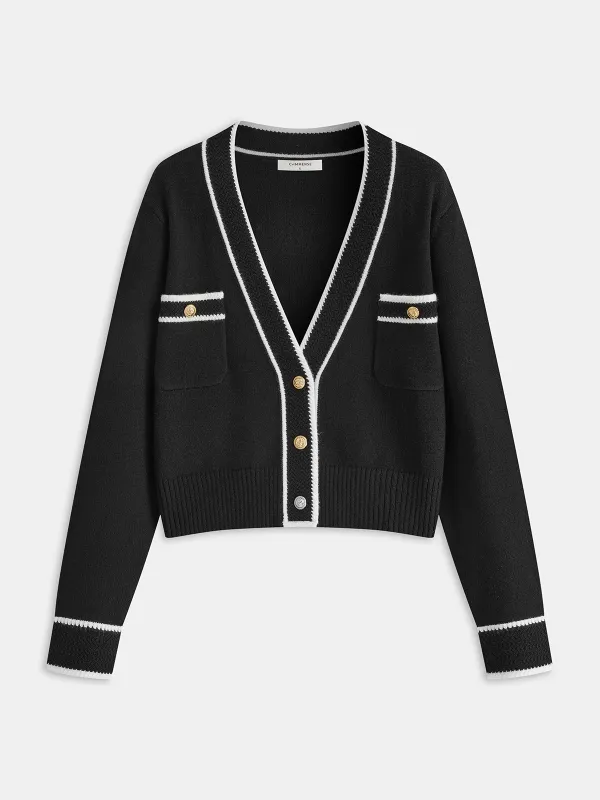 Contrast Trim Metal Button Wool-Blend Cardigan sold by COMMENSE