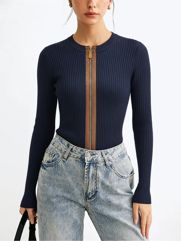 Zip-Front Suede Panel Ribbed Knit Top sold by COMMENSE