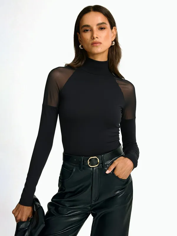 Sheer Mesh Shoulder Turtleneck Long Sleeve Top sold by COMMENSE