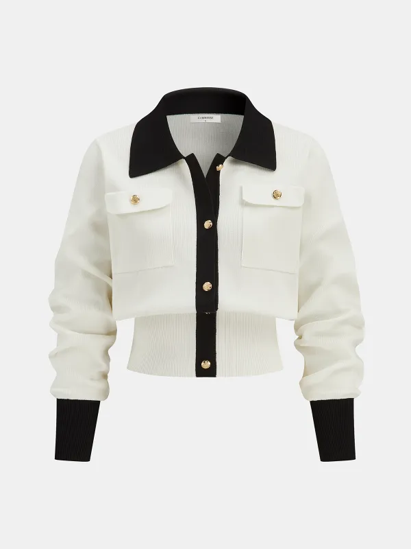 Metal Button Contrast Trim Knit Top sold by COMMENSE