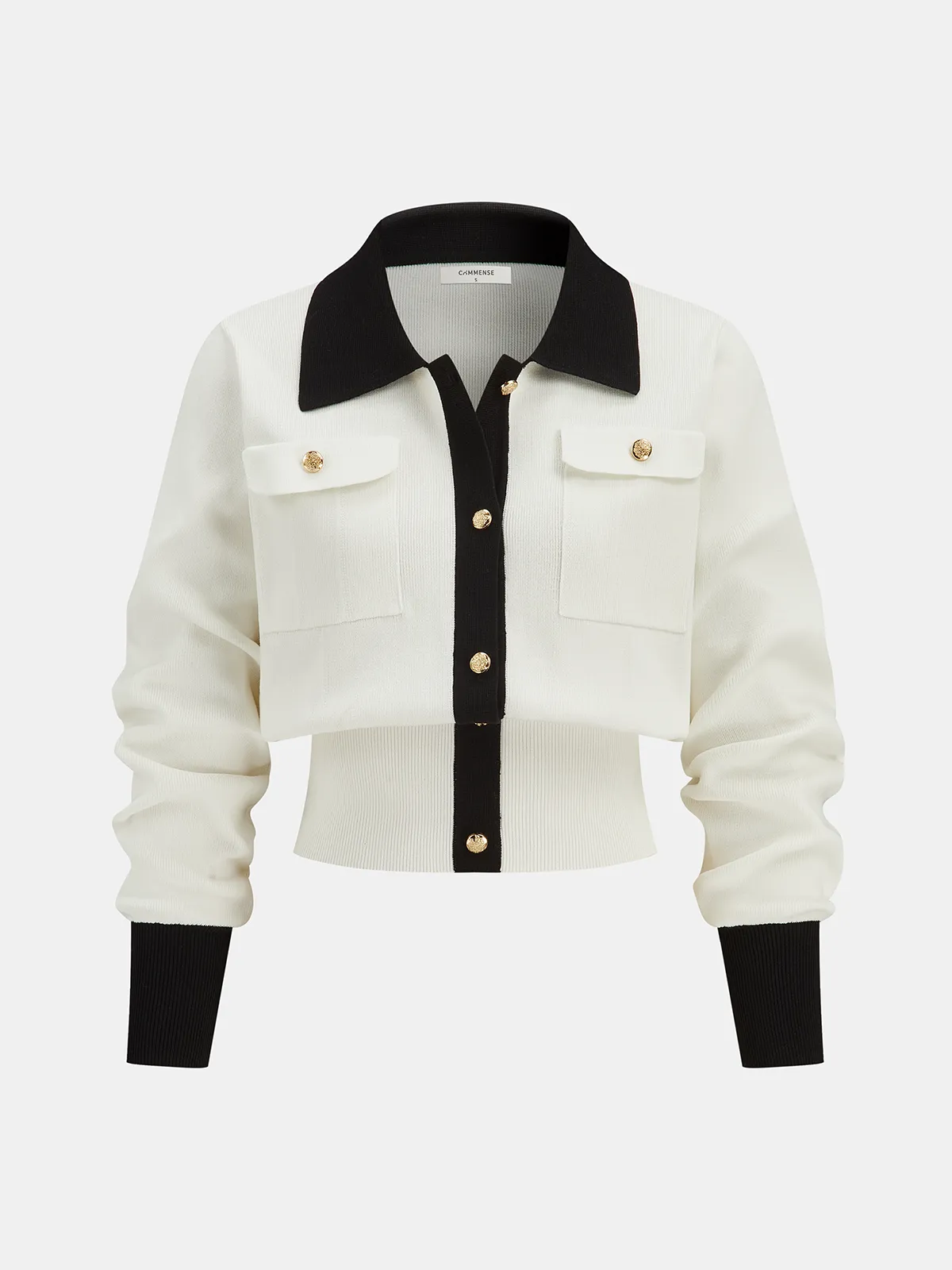 Metal Button Contrast Trim Knit Top sold by COMMENSE