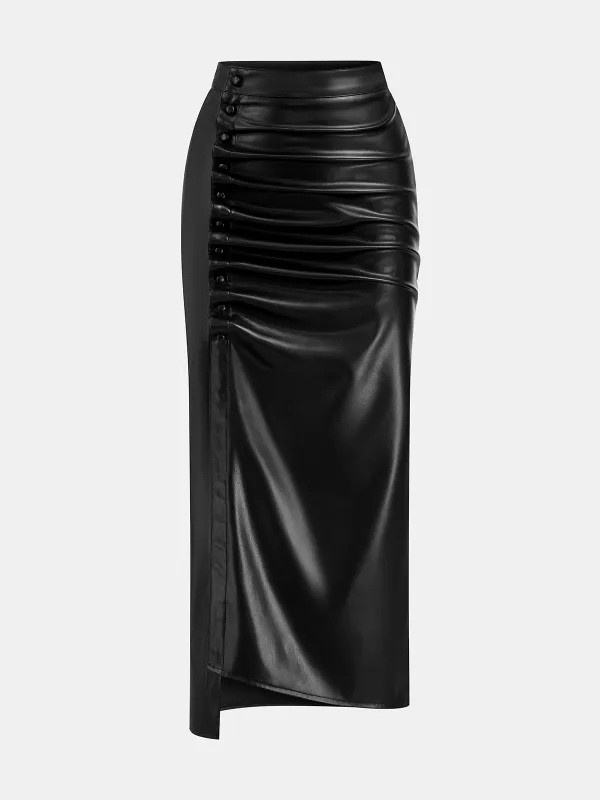 Asymmetric Ruched Faux Leather Midi Skirt sold by COMMENSE