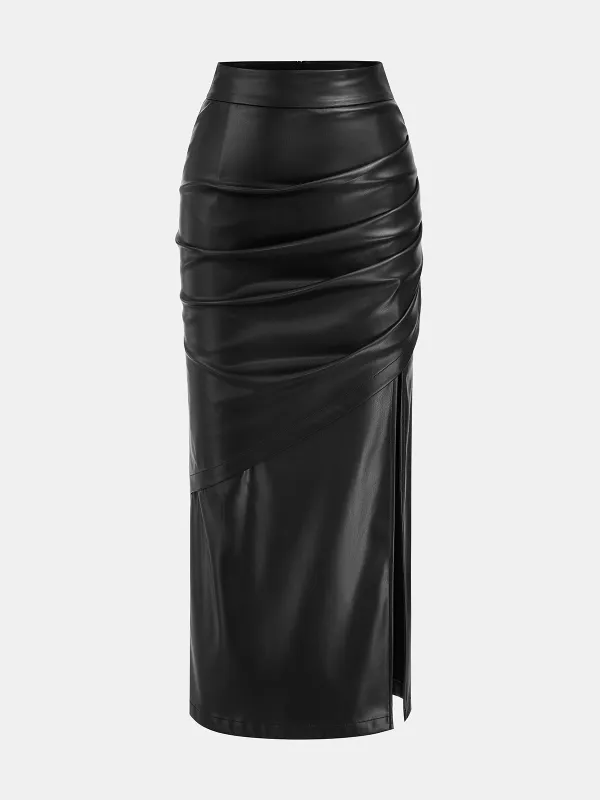 Faux Leather Slit Ruched Maxi Skirt sold by COMMENSE