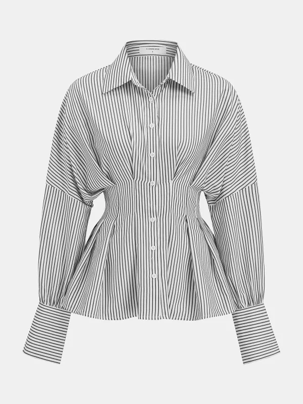 Cinched Waist Peplum Button-Front Striped Shirt sold by COMMENSE