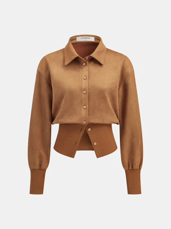 Cinched Waist Button-Front Suede Effect Shirt sold by COMMENSE