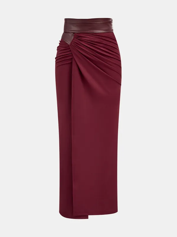 Faux Leather Panel Ruched Midi Skirt sold by COMMENSE