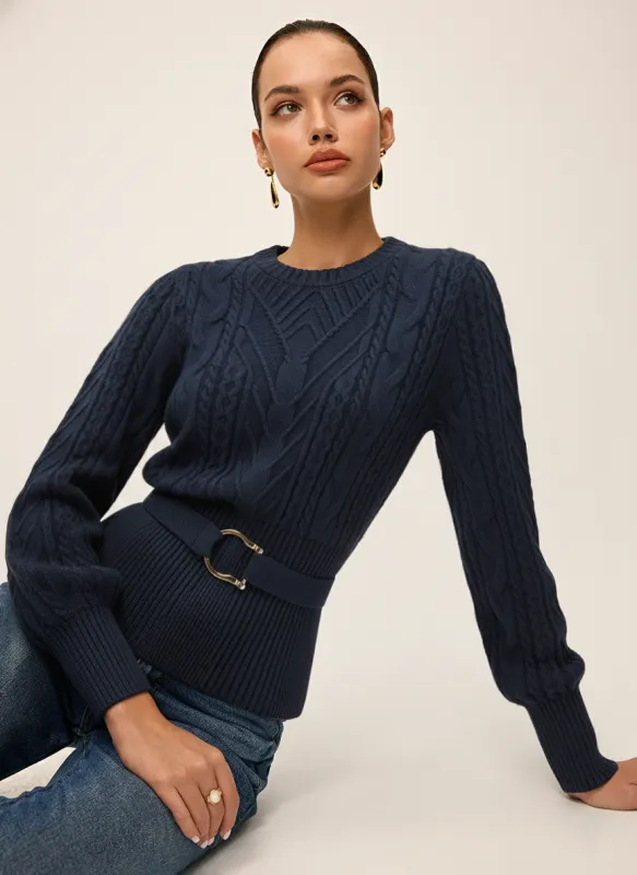 Cinched Waist Belted Cable Knit Top sold by COMMENSE