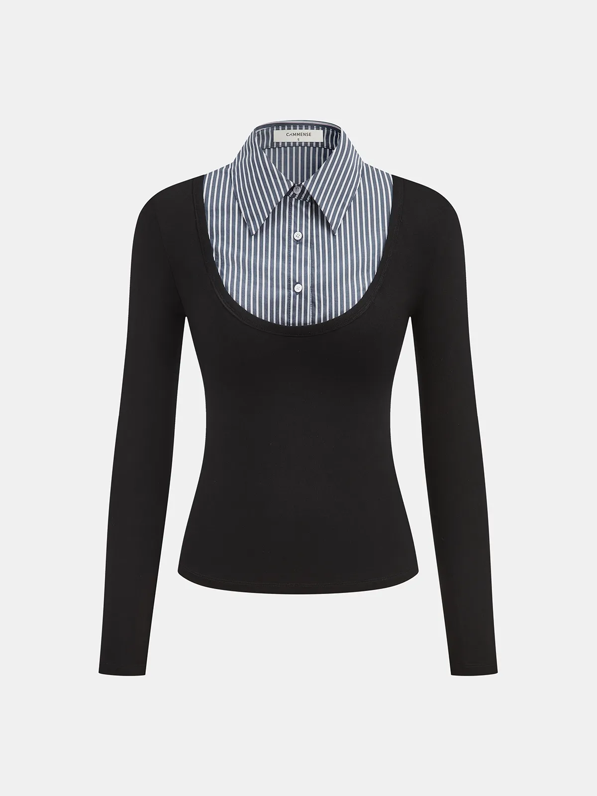 Striped Shirt Panel Long-Sleeve Knit Top sold by COMMENSE
