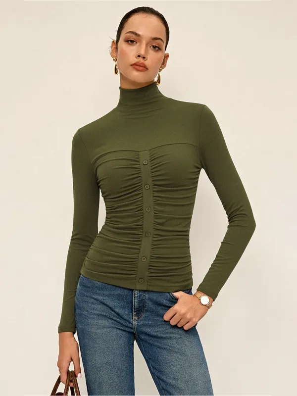 Turtleneck Ruched Decor Button Knit Top sold by COMMENSE