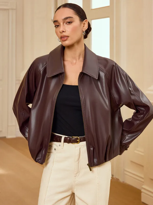 Collared Zip-Up Faux Leather Jacket sold by COMMENSE