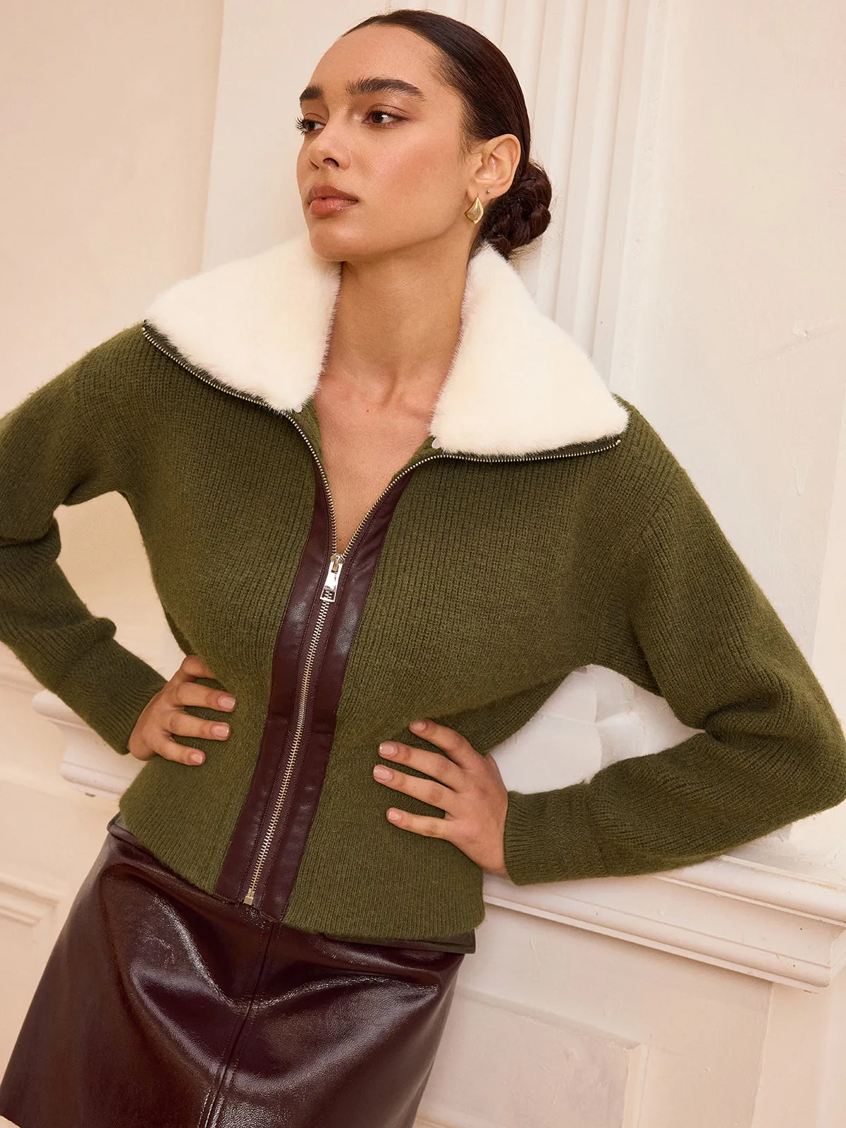 Faux Fur Collar Zip-Front Knit Outerwear sold by COMMENSE product image thumbnail 5