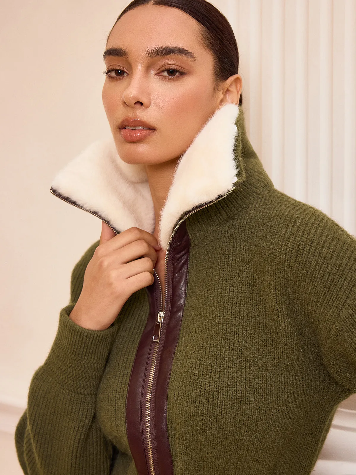 Faux Fur Collar Zip-Front Knit Outerwear sold by COMMENSE product image thumbnail 2