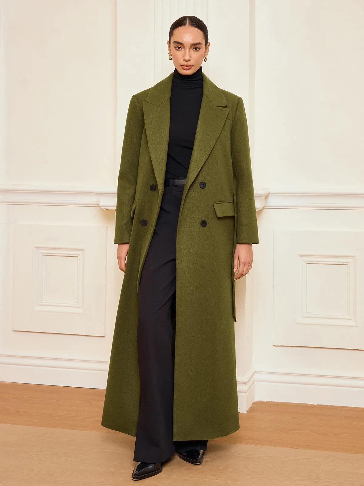 Double-Breasted Belted Long Coat sold by COMMENSE