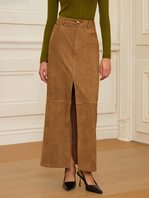 Suede Effect Slit-Front Maxi Skirt sold by COMMENSE