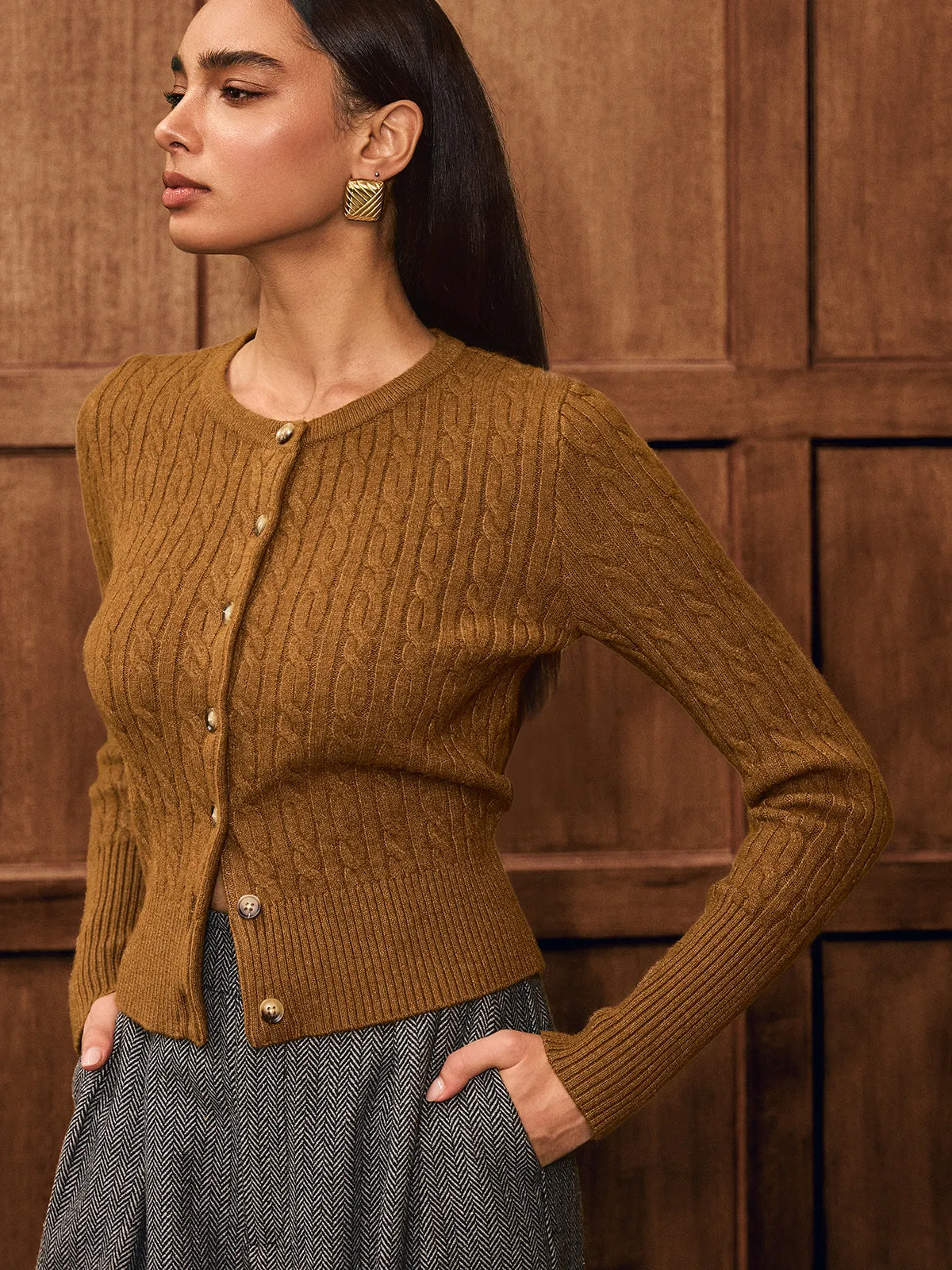 Button-Front Cable-Knit Cardigan sold by COMMENSE product image thumbnail 5