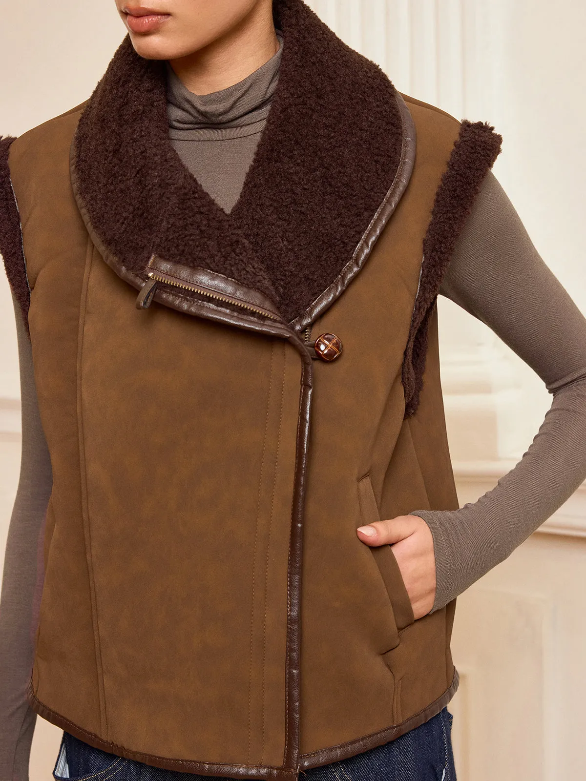 Collared Zip-Up Shearling Vest sold by COMMENSE