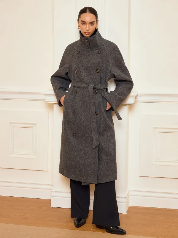 Belted Double-Breasted Tweed Long Coat sold by COMMENSE