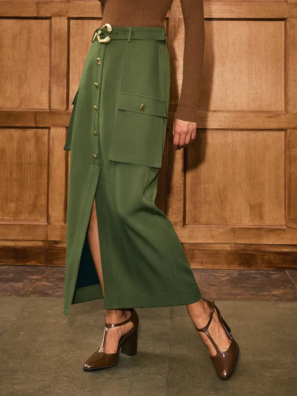 Metal Button Belted Slit Maxi Skirt sold by COMMENSE