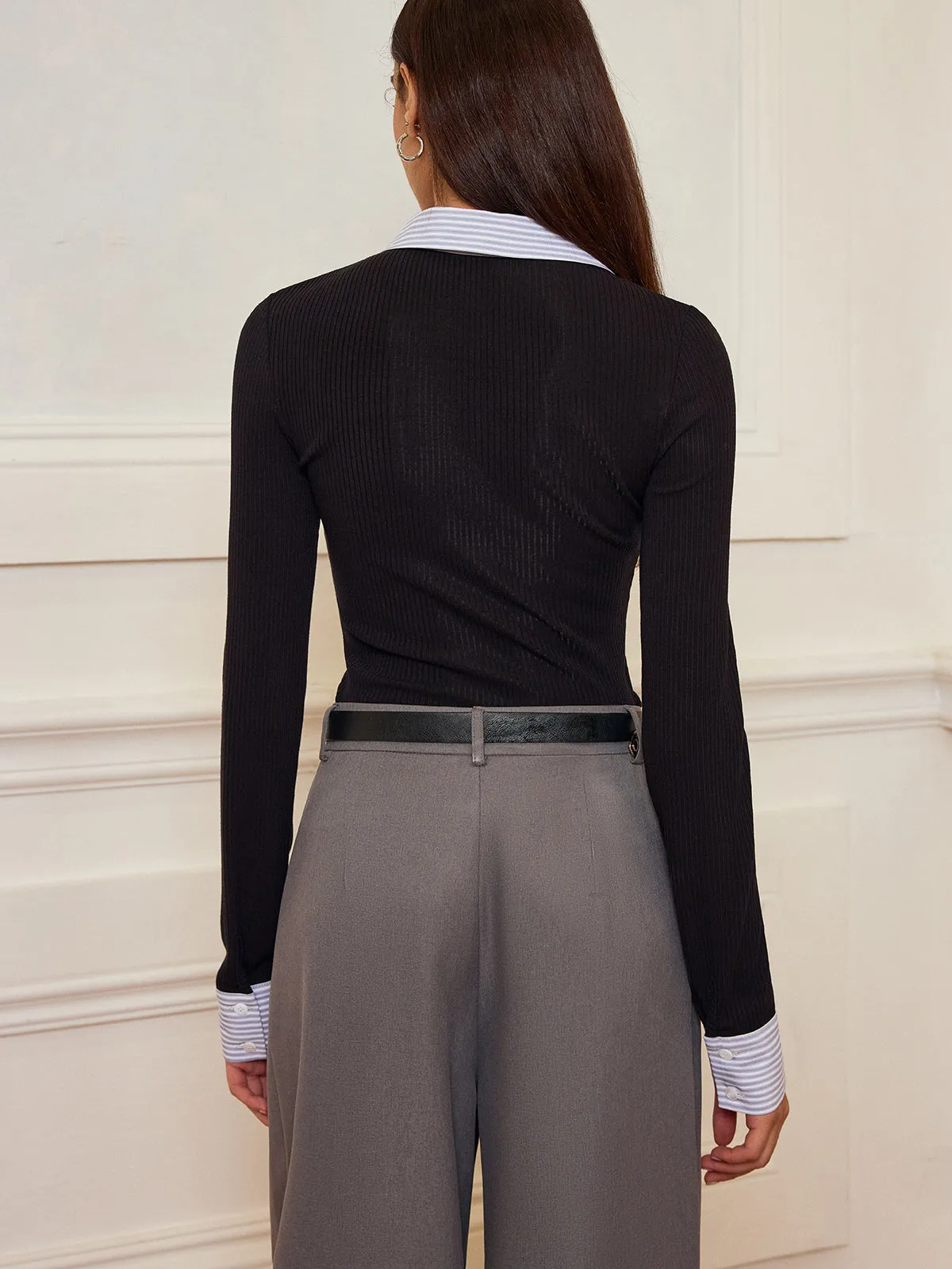 Striped Shirt Panel Ribbed Knit Top sold by COMMENSE product image thumbnail 5