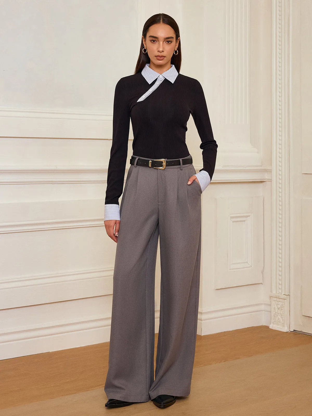 Striped Shirt Panel Ribbed Knit Top sold by COMMENSE product image thumbnail 2