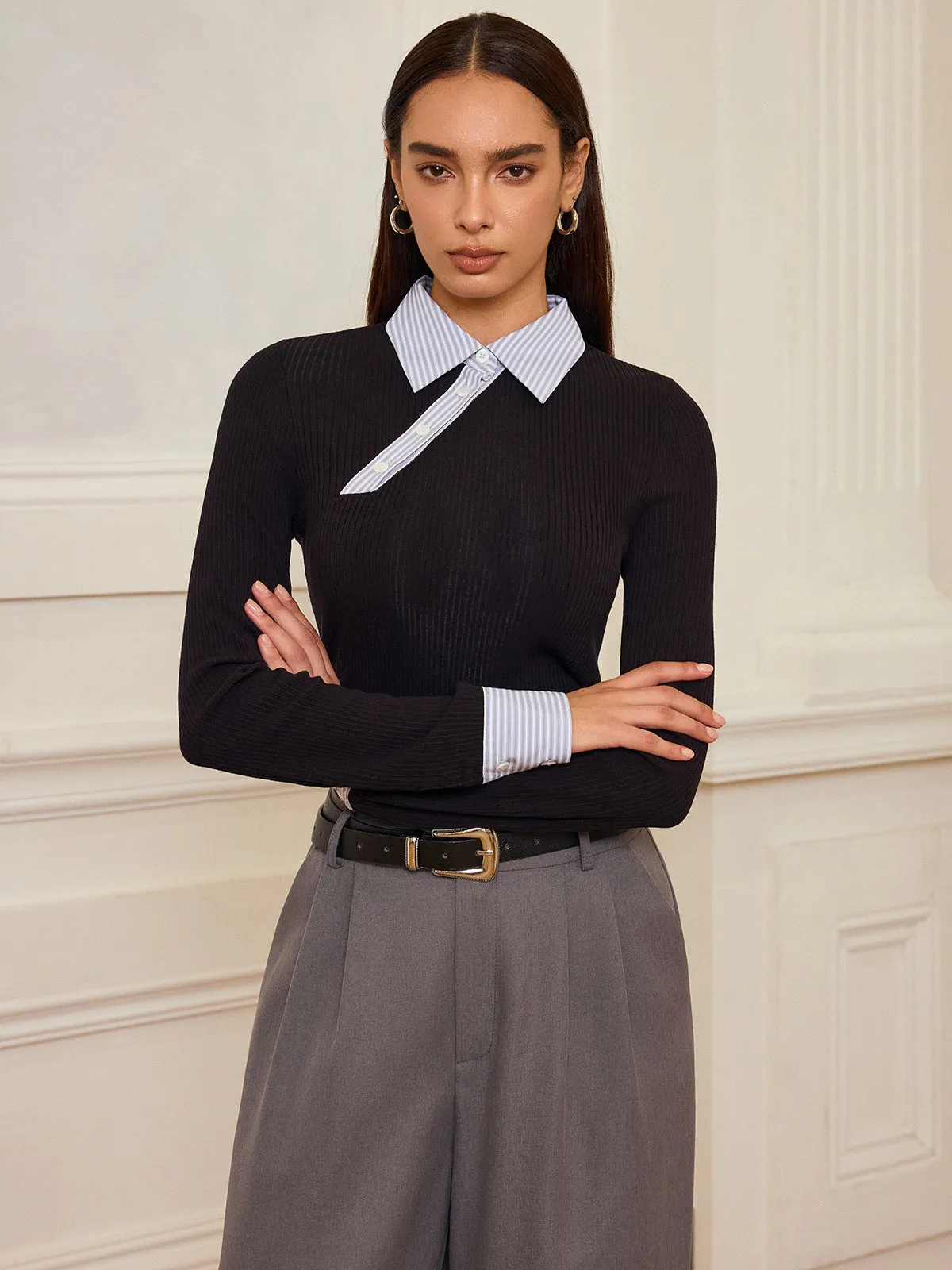 Striped Shirt Panel Ribbed Knit Top sold by COMMENSE