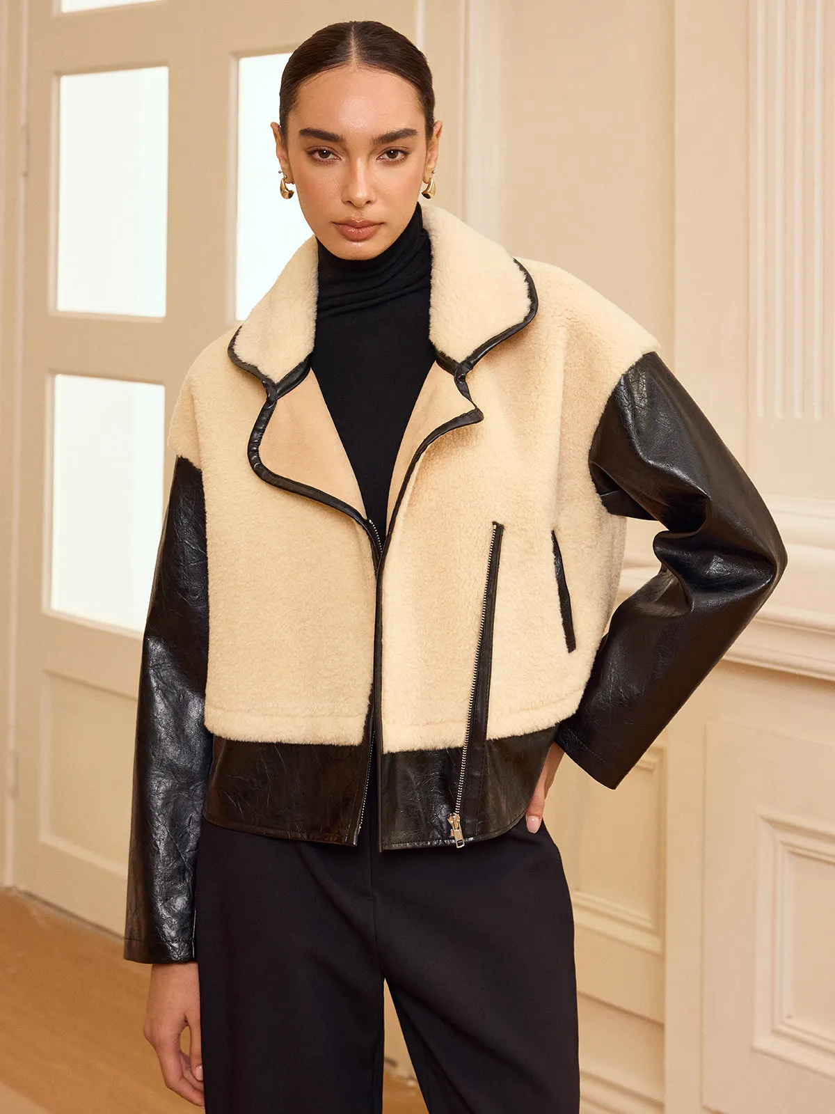 Faux Leather Panel Shearling Jacket sold by COMMENSE product image thumbnail 3