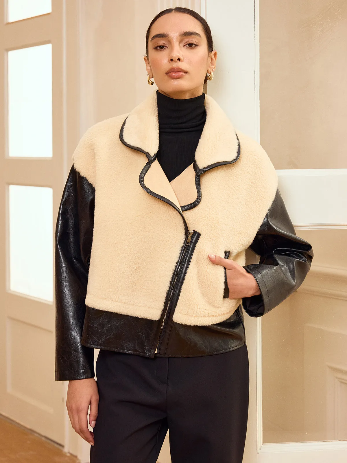 Faux Leather Panel Shearling Jacket sold by COMMENSE product image thumbnail 4