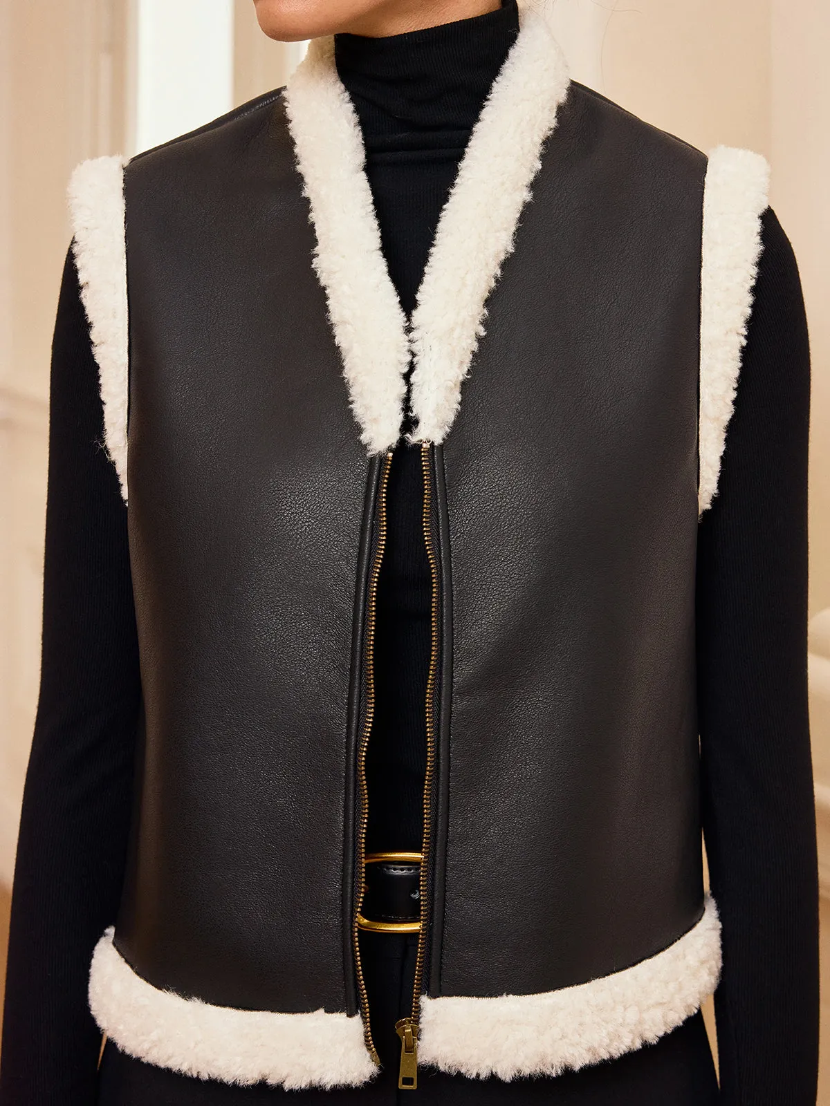 Shearling Trim Zip-Up Faux Leather Vest sold by COMMENSE product image thumbnail 2