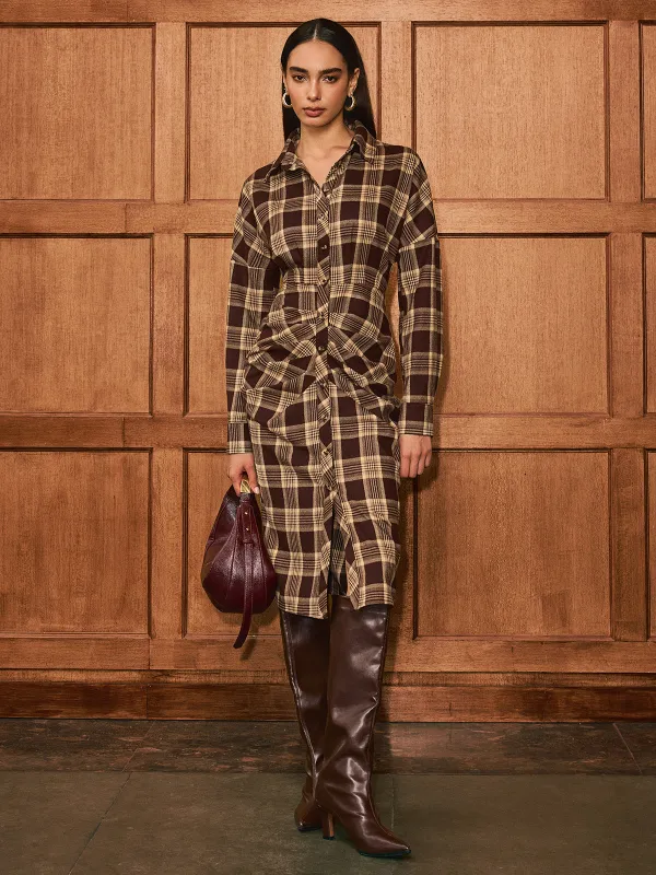 Ruched Button-Front Plaid Shirt Dress sold by COMMENSE