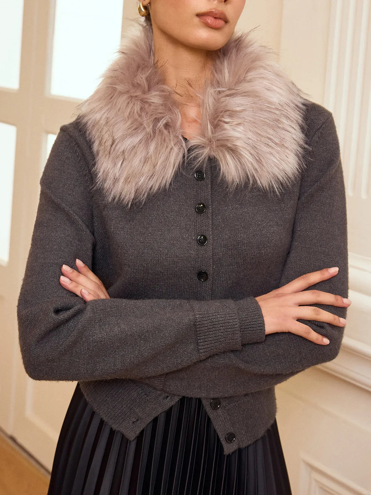 Faux Fur Collar Button-Front Cardigan sold by COMMENSE product image thumbnail 4