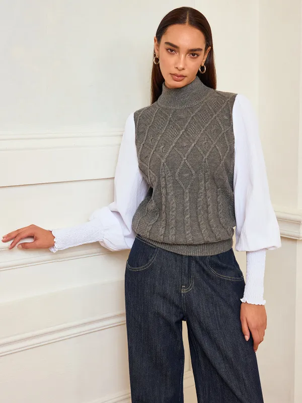 Leg-Of-Mutton Sleeve Panel Cable-Knit Sweater sold by COMMENSE