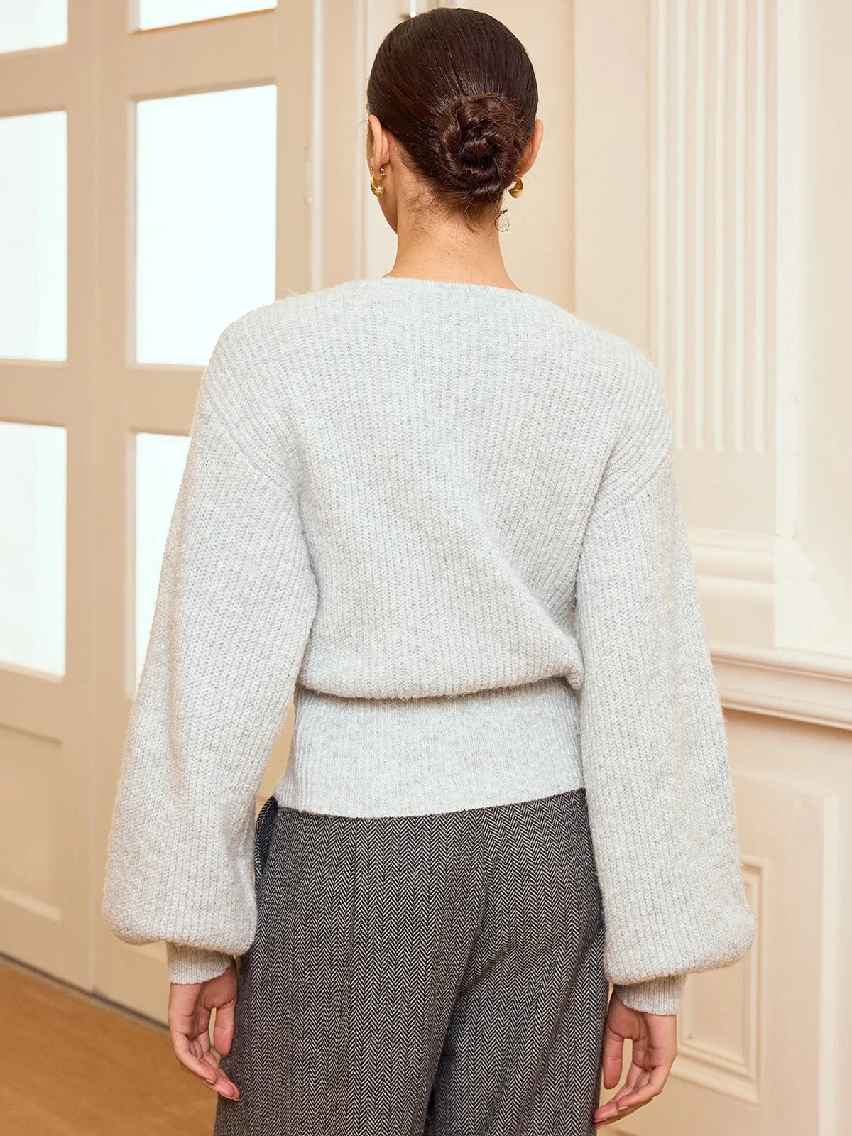 Cable Knit Wrap V-Neck Balloon Sleeve Sweater sold by COMMENSE product image thumbnail 5