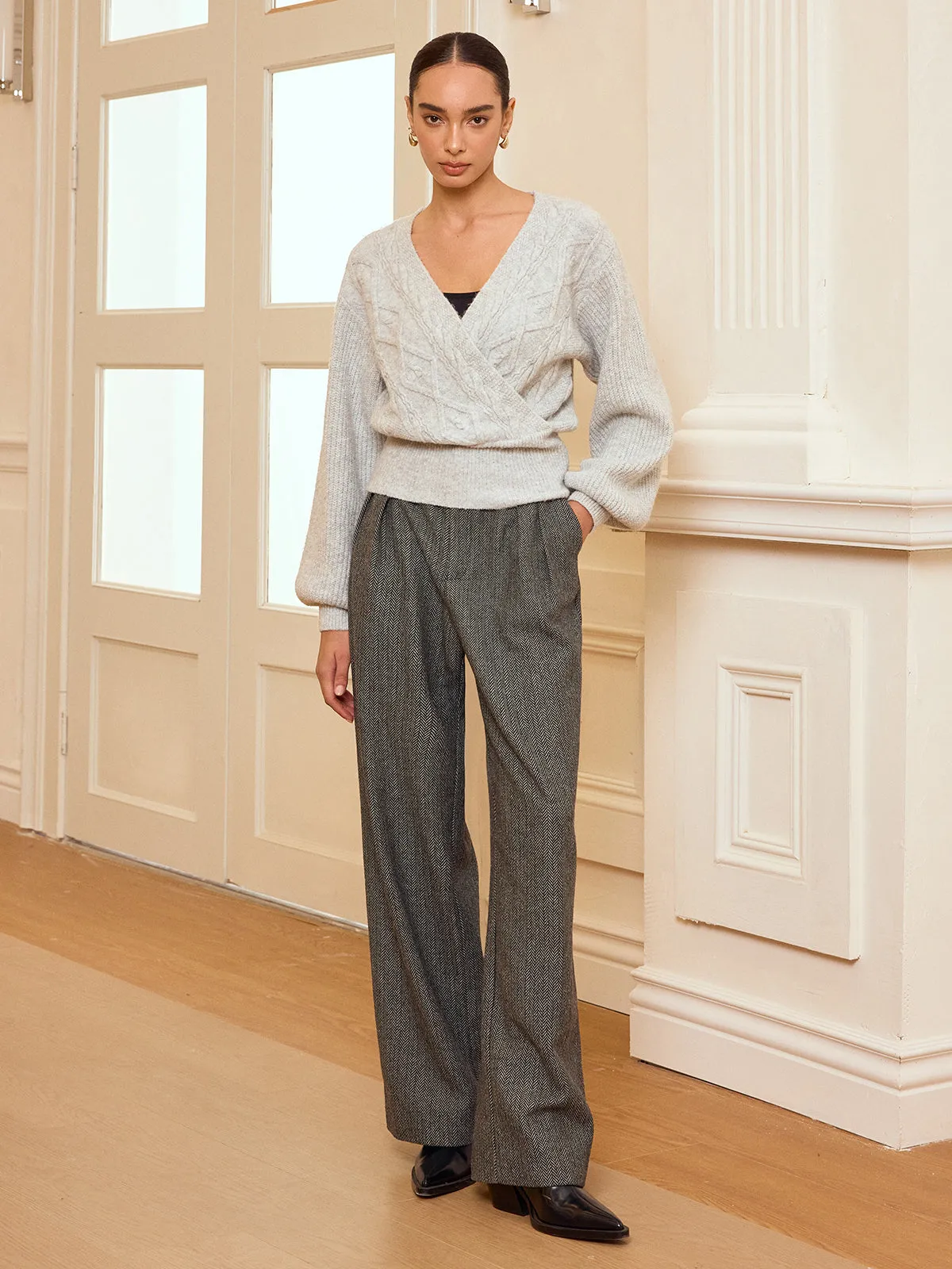 Cable Knit Wrap V-Neck Balloon Sleeve Sweater sold by COMMENSE product image thumbnail 3