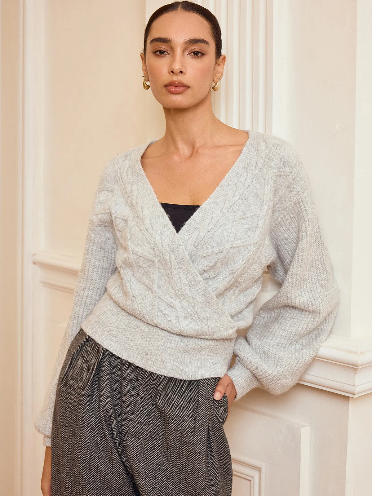 Cable Knit Wrap V-Neck Balloon Sleeve Sweater sold by COMMENSE