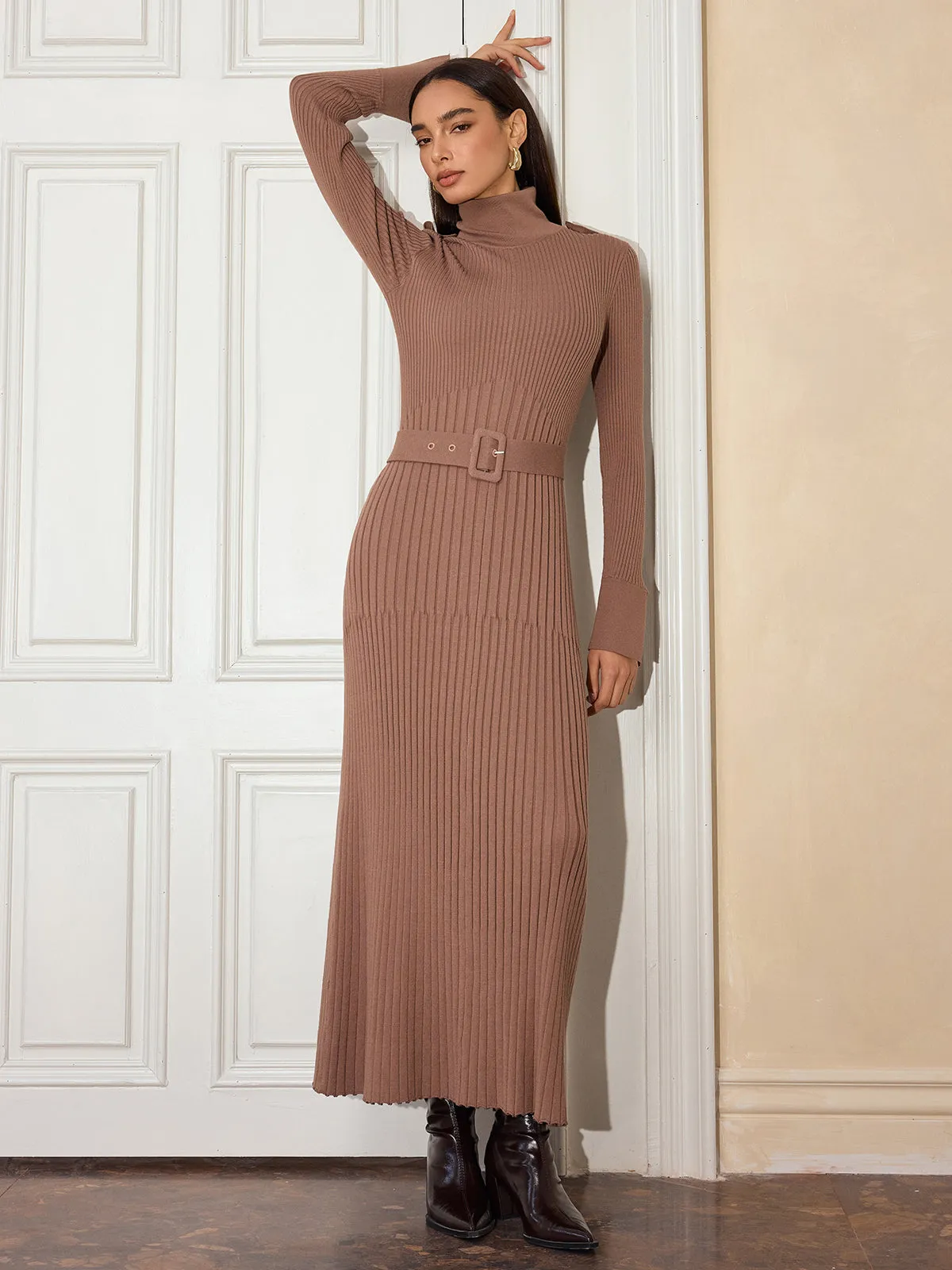 Belted Flared Cuff Turtleneck Maxi Dress sold by COMMENSE product image thumbnail 4