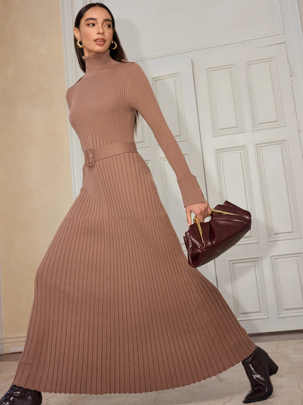 Belted Flared Cuff Turtleneck Maxi Dress sold by COMMENSE