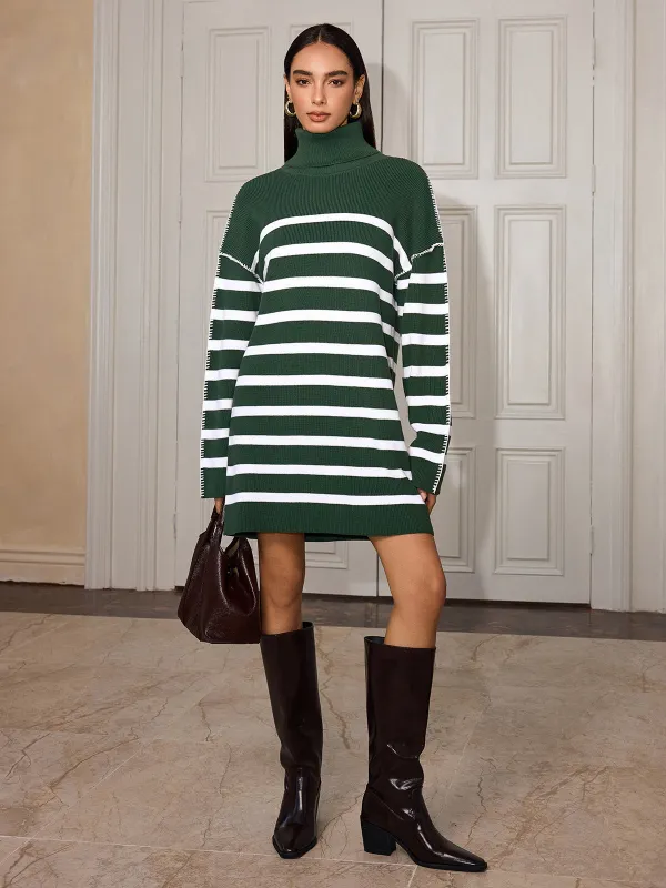 Long Sleeve Striped Turtleneck Sweater Dress sold by COMMENSE