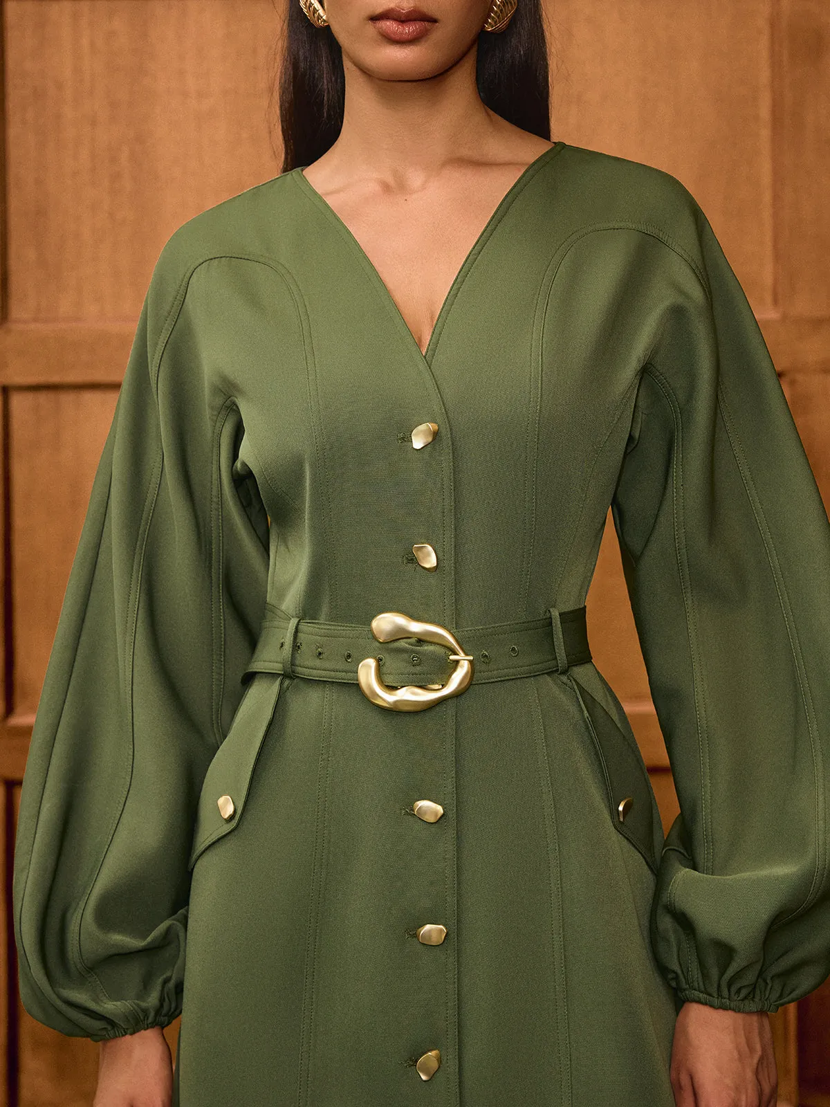 V-Neck Balloon Sleeve Belted Button-Front Dress sold by COMMENSE product image thumbnail 4