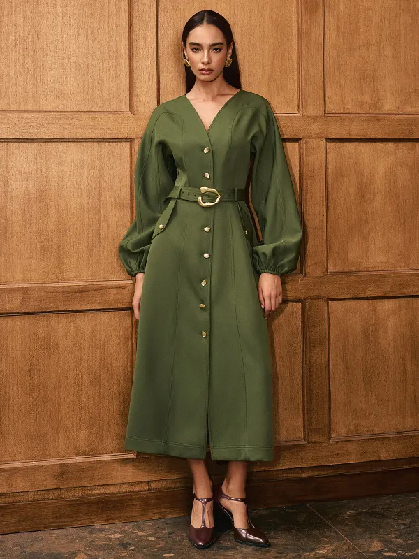 V-Neck Balloon Sleeve Belted Button-Front Dress sold by COMMENSE