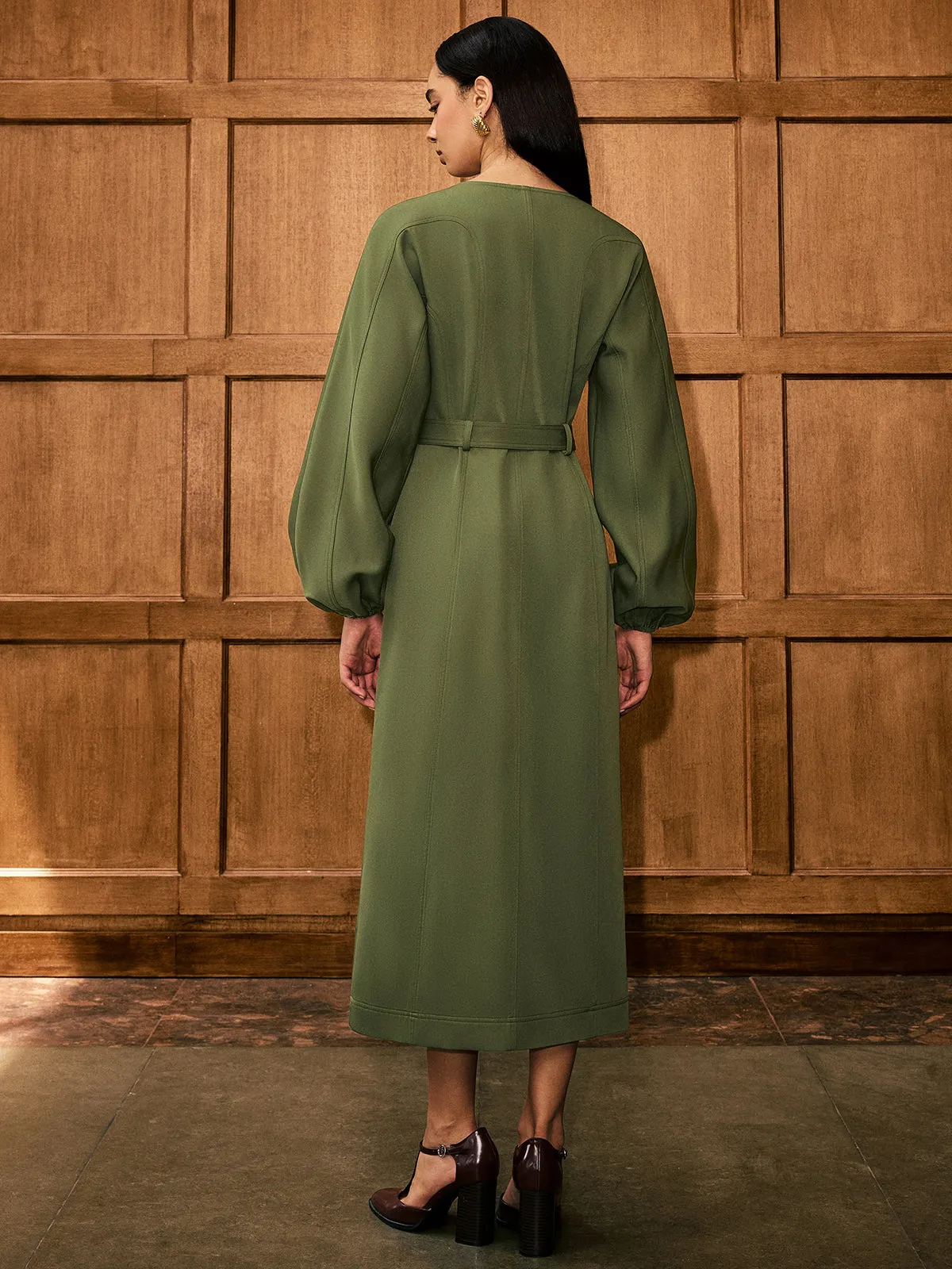 V-Neck Balloon Sleeve Belted Button-Front Dress sold by COMMENSE product image thumbnail 5