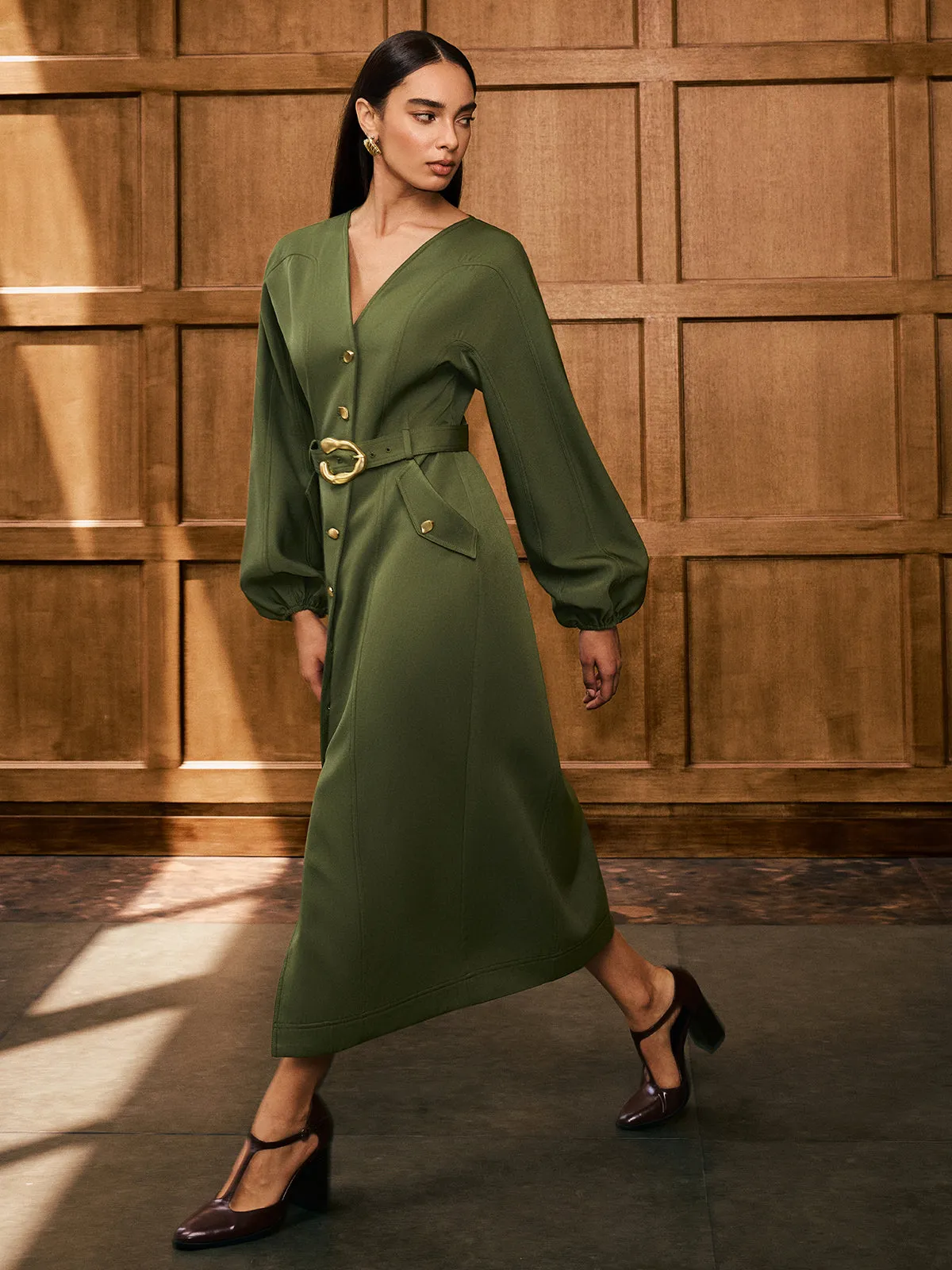 V-Neck Balloon Sleeve Belted Button-Front Dress sold by COMMENSE product image thumbnail 2